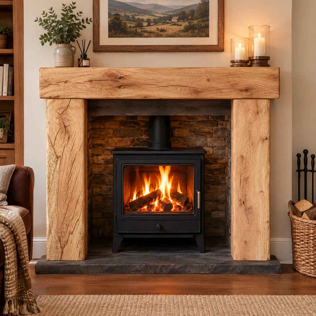 Cosy Oak Mantel Fireplace Vignette.webp
